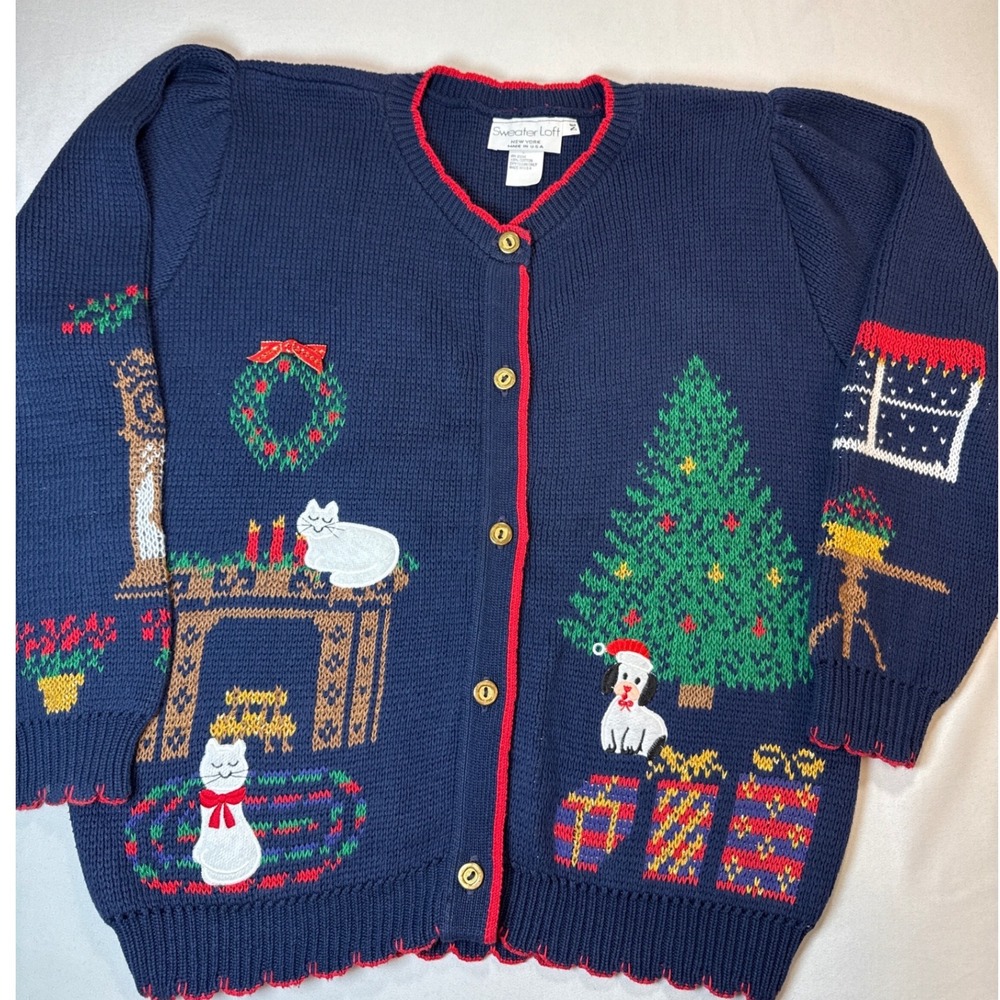 Sweater Loft Vintage Christmas Cardigan Navy Blue Cotton Cat Dog Tree Womens M